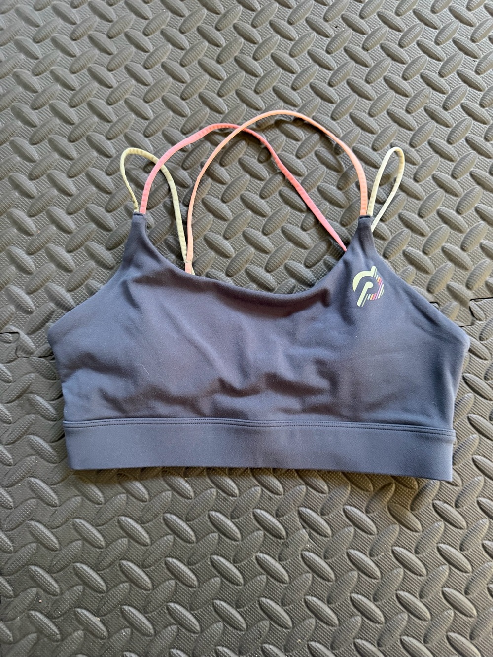 Peloton Navy Sports Bra with Multicolor Thin Straps